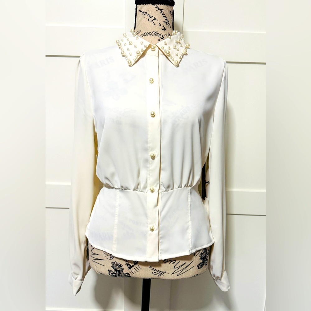 Lulumari Cream Pearl Collar Blouse